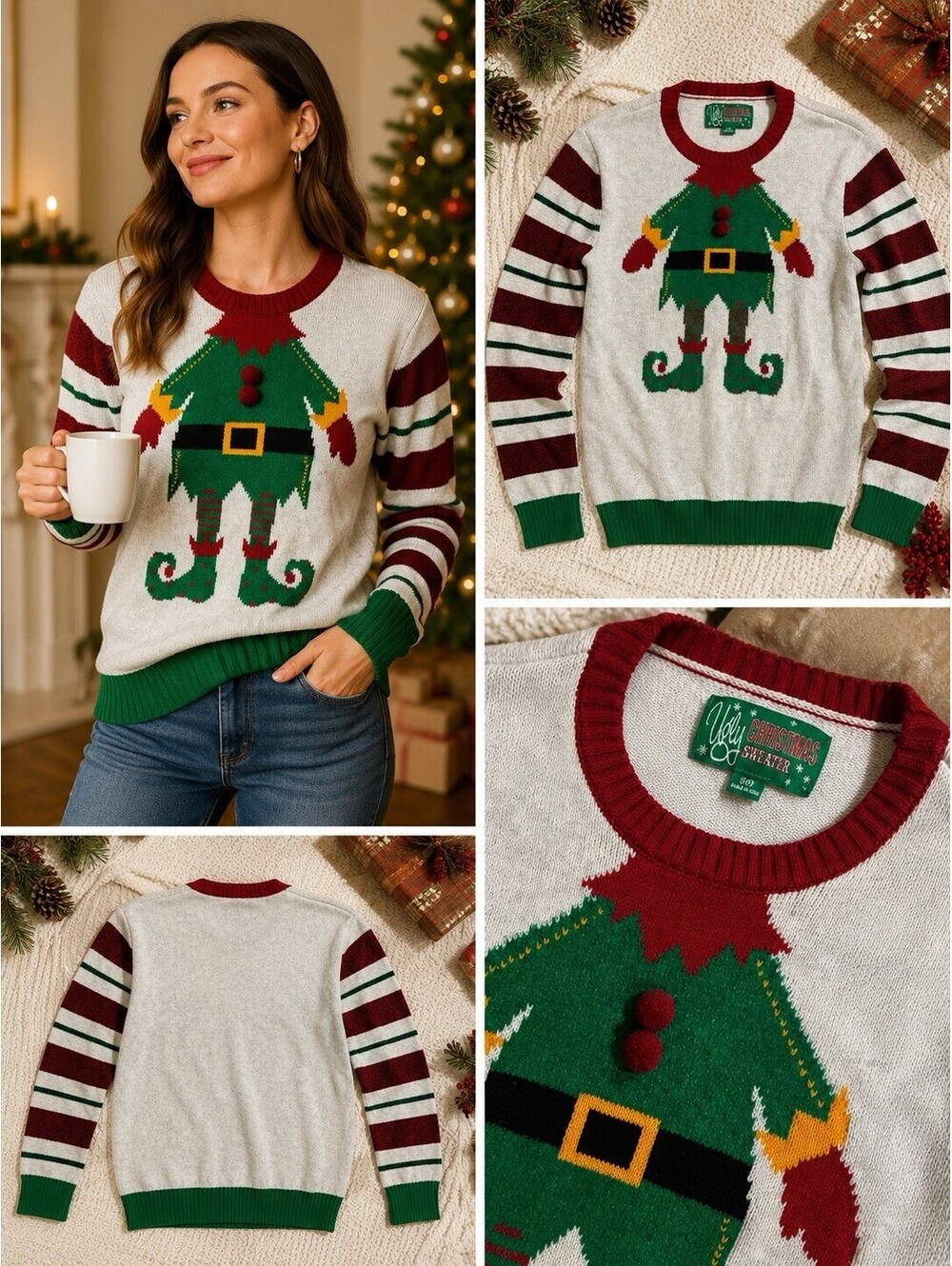 Ugly Christmas Sweater Women’s Small Elf Costume 3D Pom Pom Holiday Knit